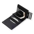 GenuWal black multi-card wallet open, showing card slots and folded bill pouch