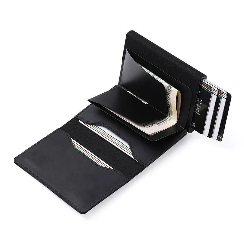 GenuWal black multi-card wallet open, showing card slots and folded bill pouch