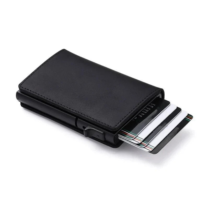 GenuWal black card holder with snap flap and visible striped card tabs