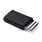 GenuWal black card holder with snap flap and visible striped card tabs