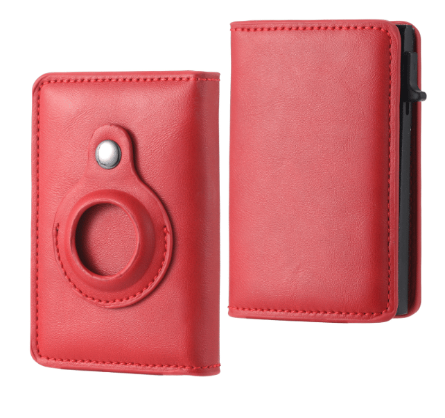 GenuWal red multi-card wallet with metal snap and round keychain cutout
