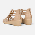 Women’s back view wedge sandals with zip closure, beige cutout straps