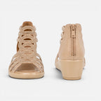 Women’s wedge sandals heel view with zip closure, light beige openwork straps