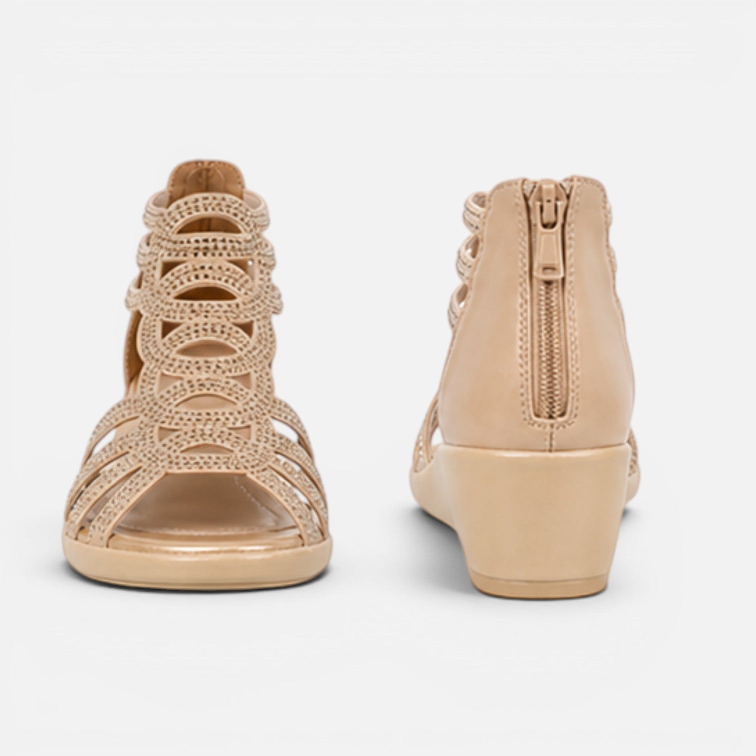 Women’s wedge sandals heel view with zip closure, light beige openwork straps