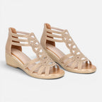 Women’s wedge sandals with cutout lattice straps and open toe, beige finish