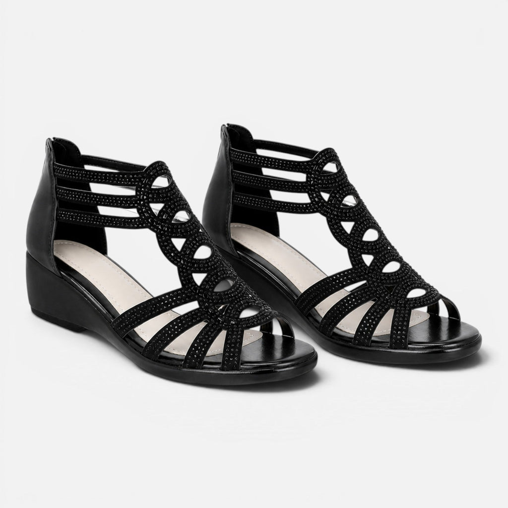 Women’s wedge sandals with cutout straps and open toe, dark black finish