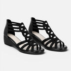 Women’s wedge sandals with cutout straps and open toe, dark black finish