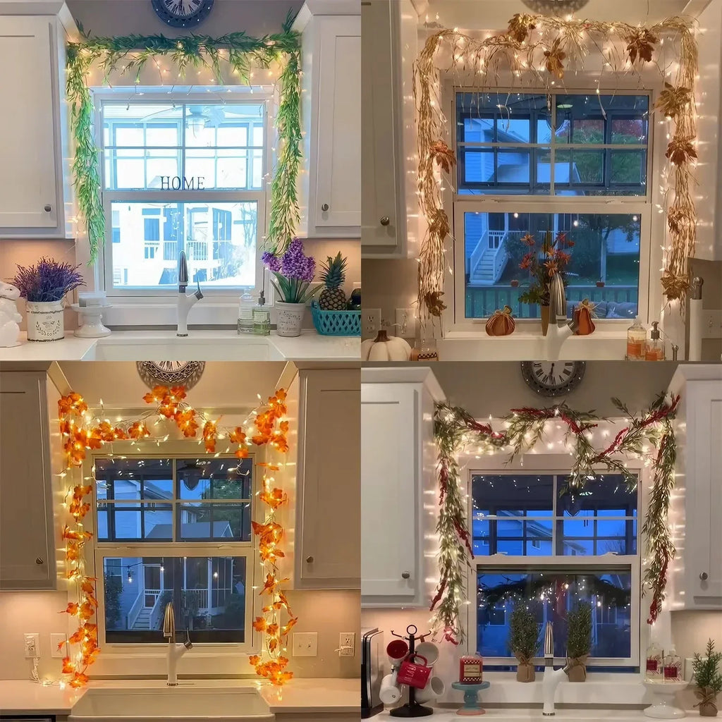 two-tier window garland set with warm fairy lights and evergreen greenery accents
