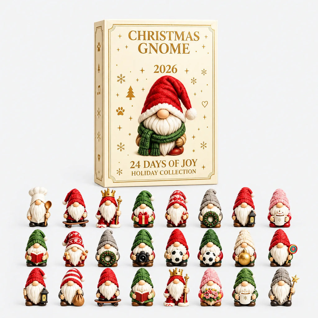Christmas gnome advent calendar box with 24 small gnome ornaments arranged below