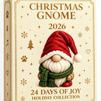 Close-up of Christmas gnome advent calendar box front with red hat and 24 days text