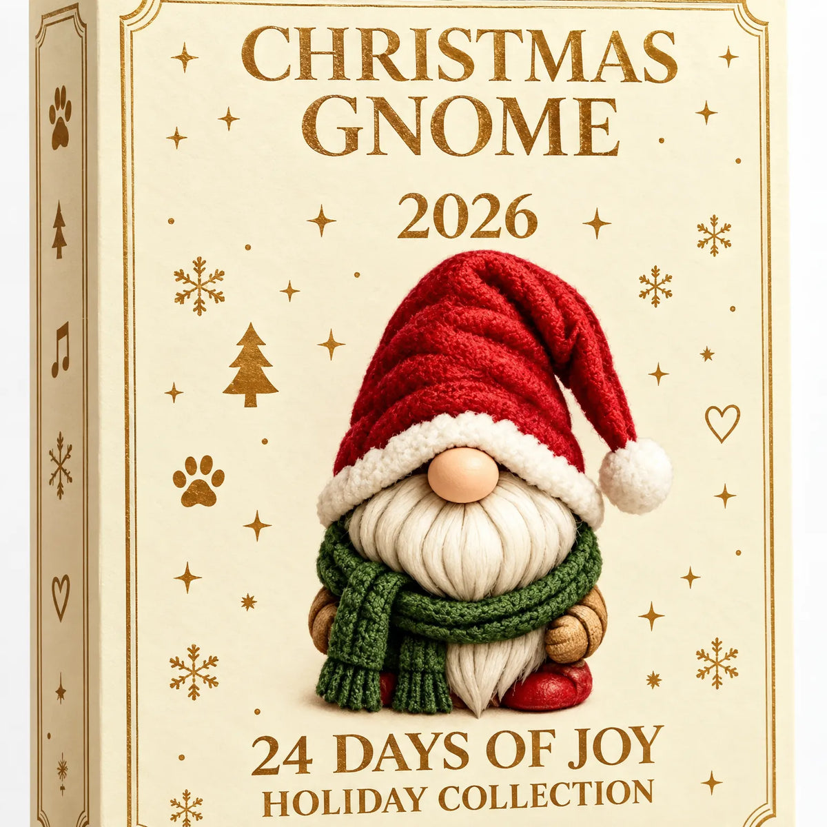 Close-up of Christmas gnome advent calendar box front with red hat and 24 days text