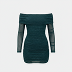Sparkle off-shoulder mesh mini dress in emerald green, long sleeves