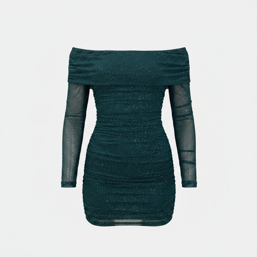 Sparkle off-shoulder mesh mini dress in emerald green, long sleeves