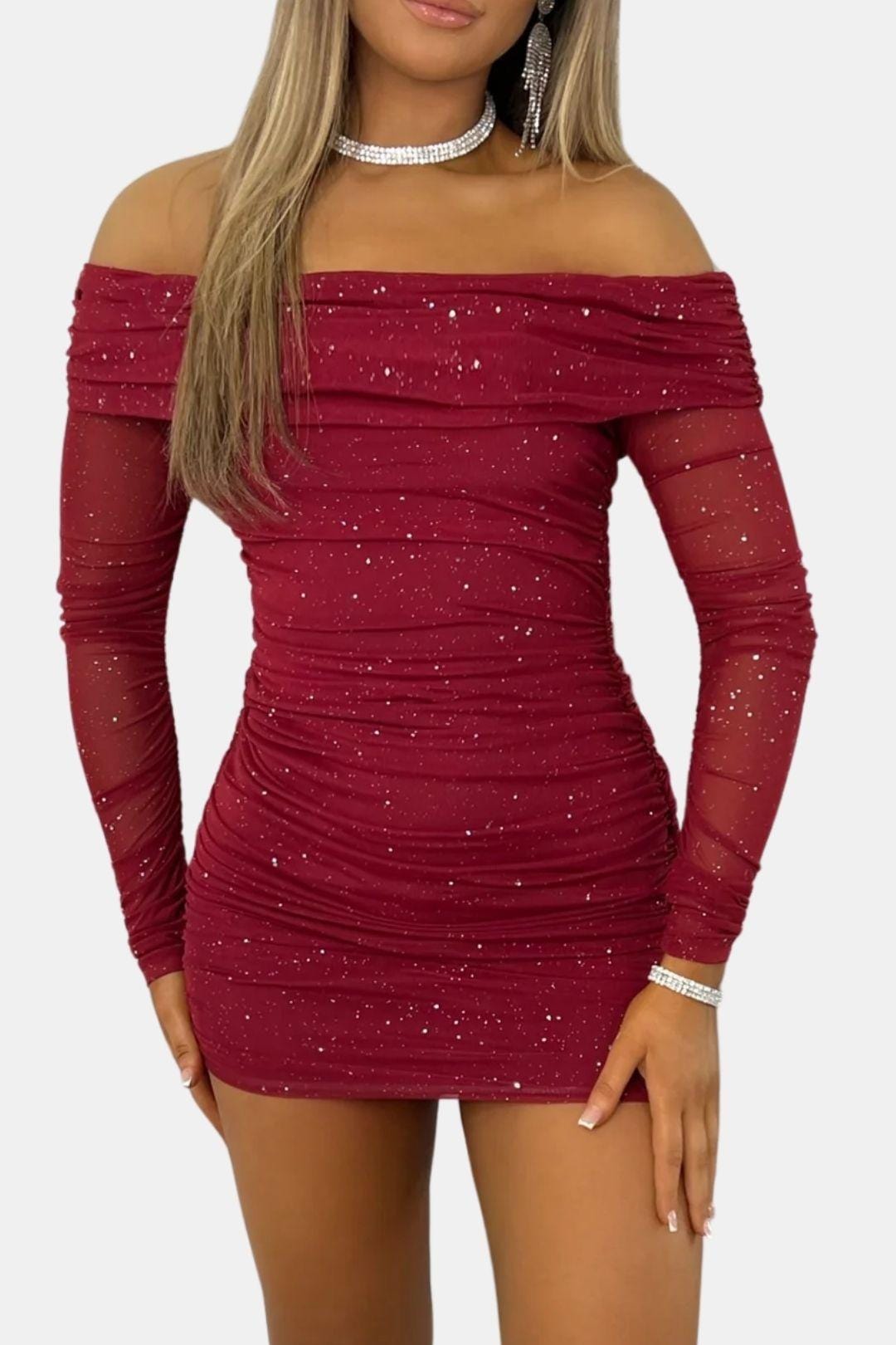 Burgundy off-shoulder sequin mini dress with long sheer sleeves, ruched waist