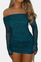 Sparkle off-shoulder mesh mini dress, emerald green, long ruched sleeves