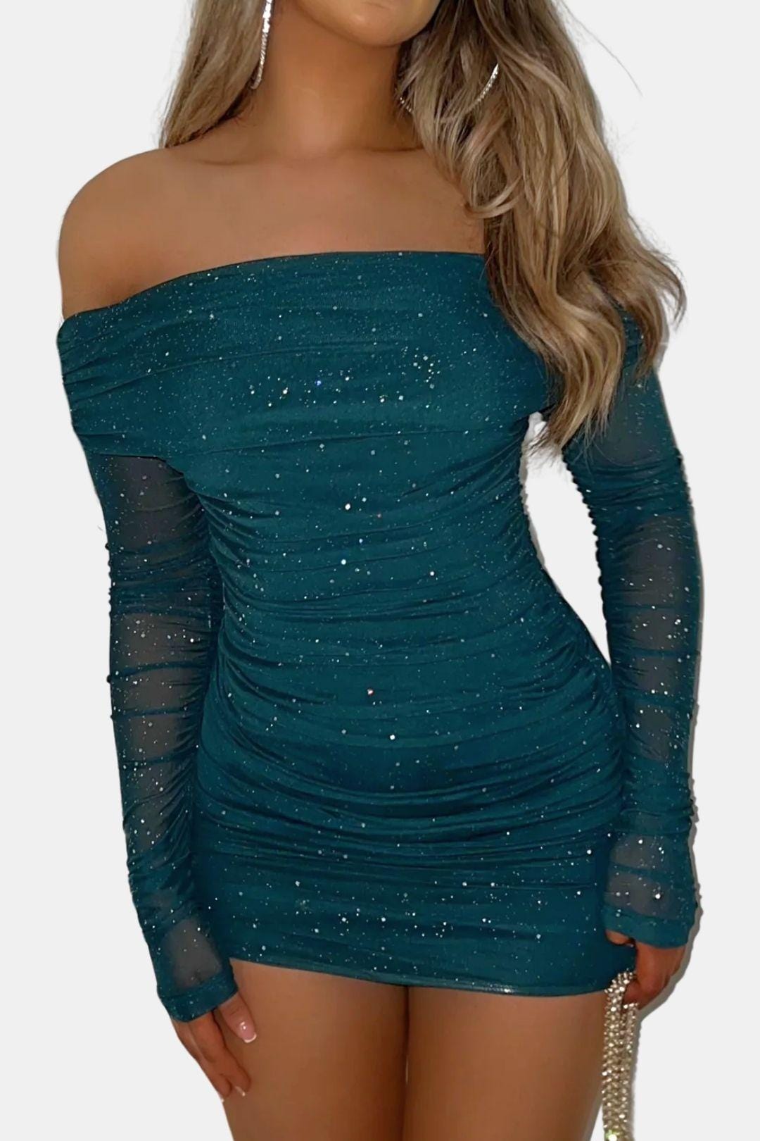 Sparkle off-shoulder mesh mini dress, emerald green, long ruched sleeves