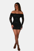 Black off-shoulder sequin mini dress with long sheer sleeves and ruched shape