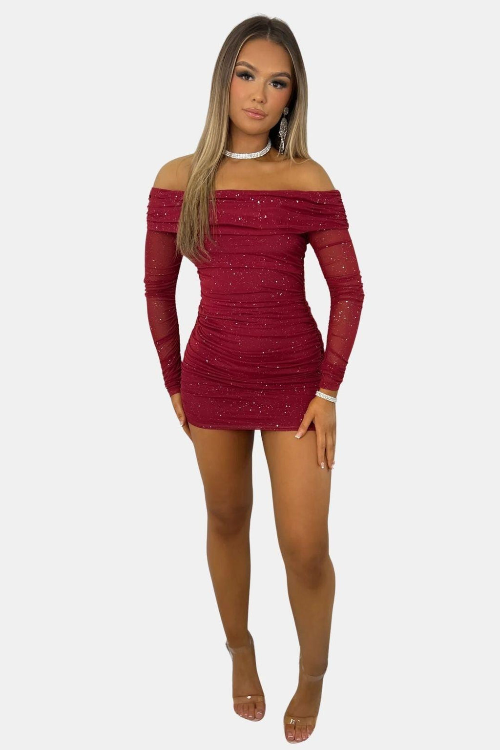 Burgundy off-shoulder sequin mini dress with long sheer sleeves, ruched fit