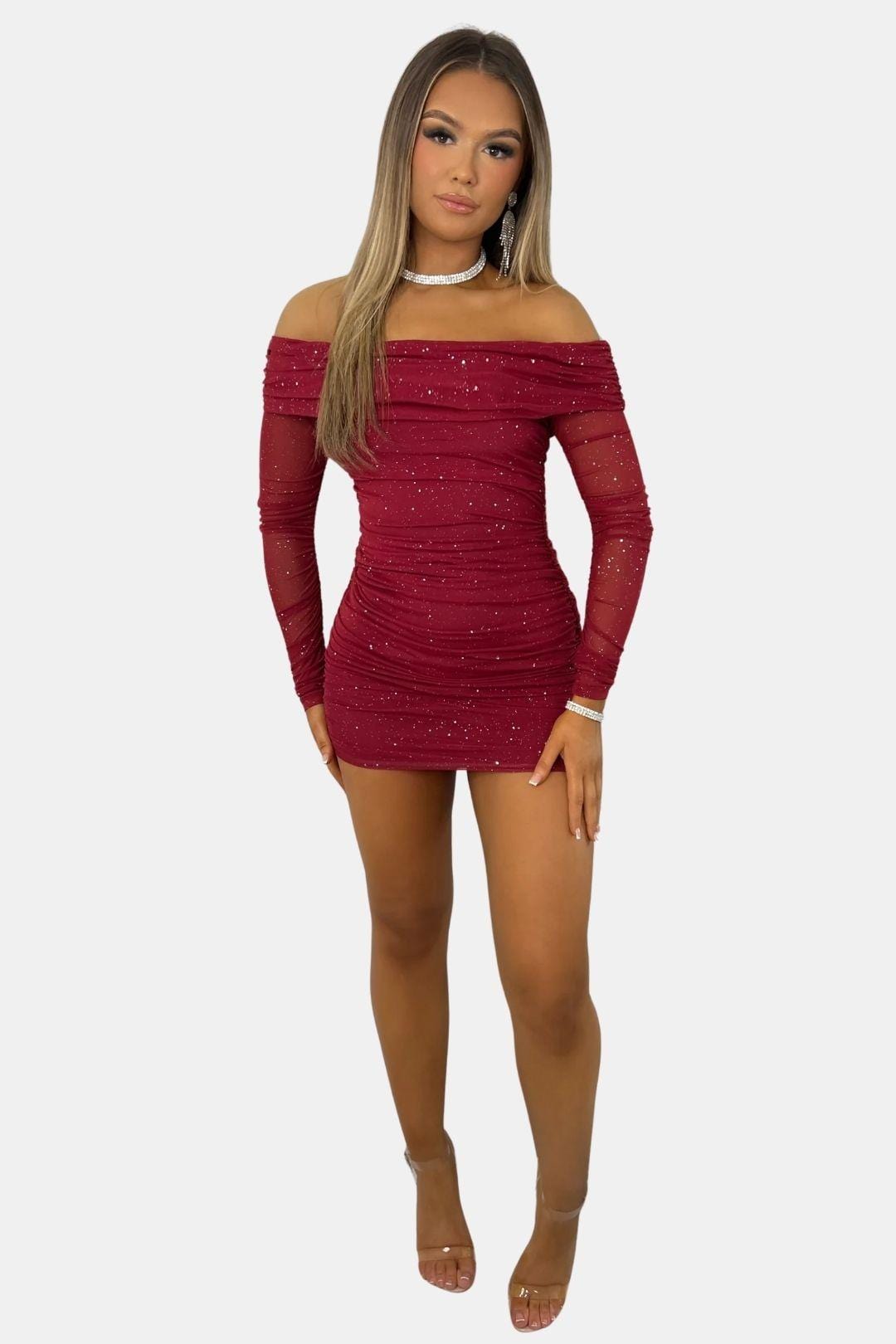 Burgundy off-shoulder sequin mini dress with long sheer sleeves, ruched fit