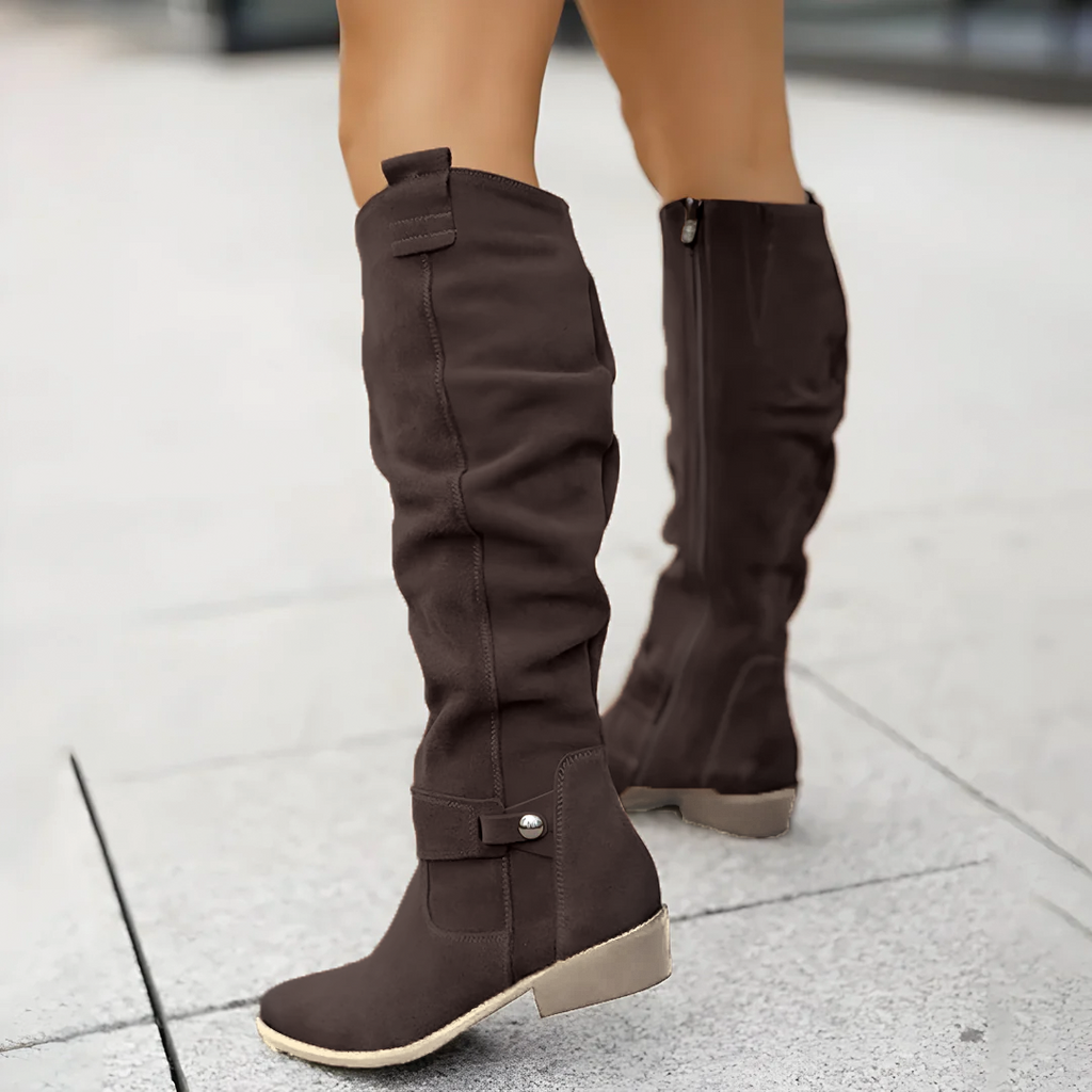 Slouchy knee-high riding boots in dark brown, low block heel, side zipper