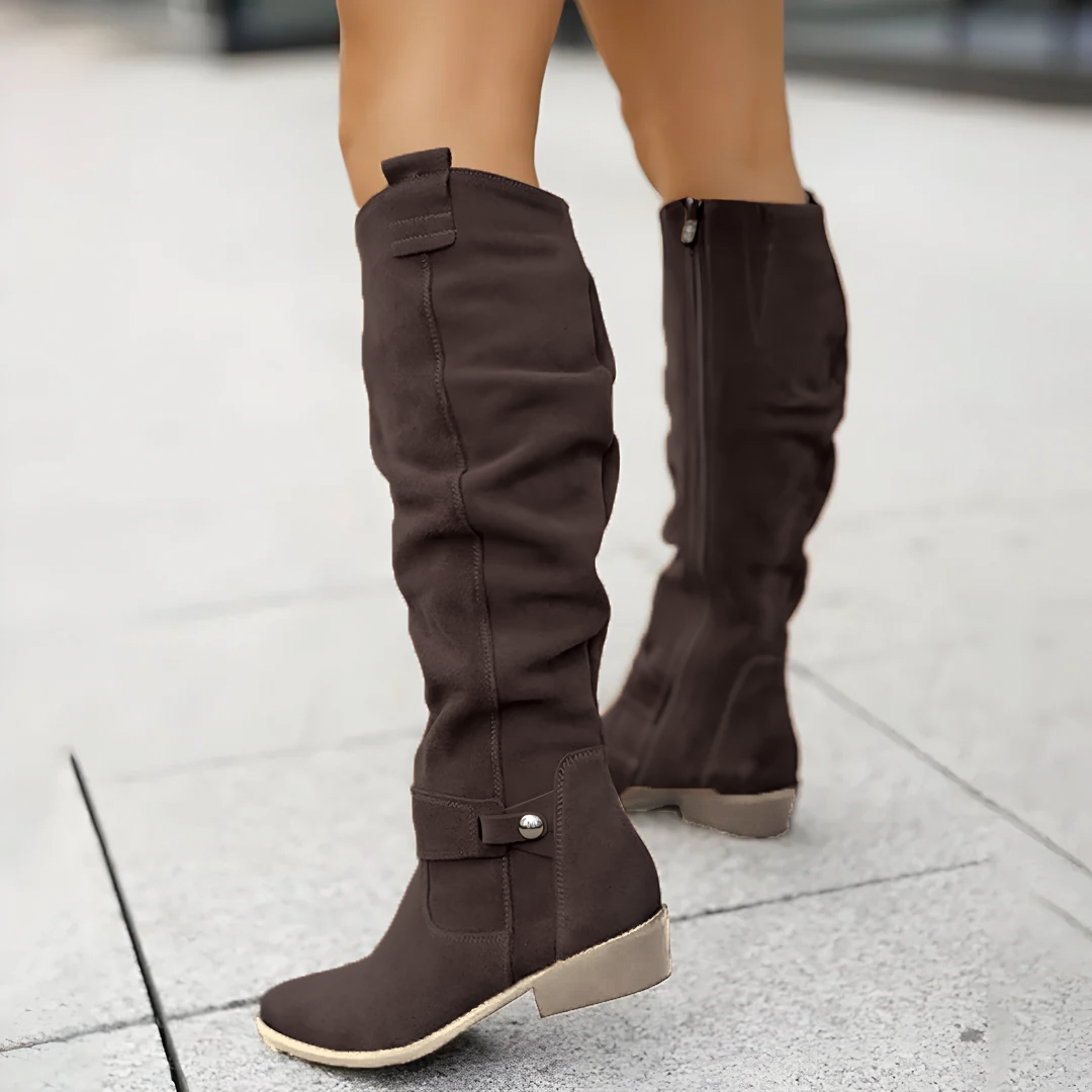 Slouchy knee-high riding boots in dark brown, low block heel, side zipper