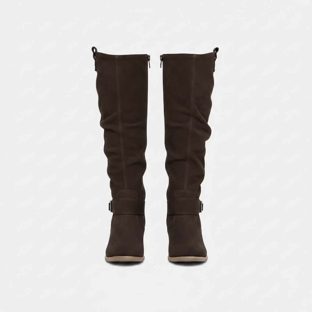 Slouchy knee-high riding boots in dark brown, low block heel, side zipper, pull tabs