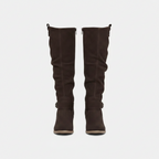 Slouchy knee-high riding boots in dark brown, low block heel, side zipper, pull tabs
