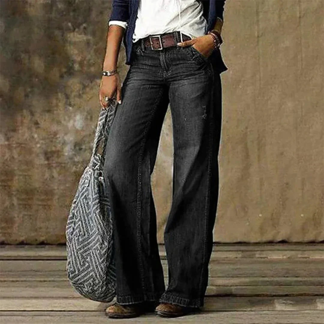 Low-rise wide-leg vintage jeans, dark gray wash, belt loops and front pockets