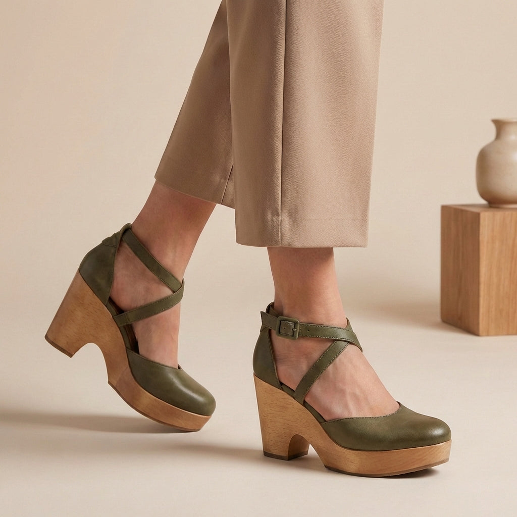 Green closed-toe platform wedge sandals with ankle strap and crisscross straps