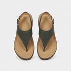 Green thong sandals with arch support, adjustable ankle strap, open-toe design