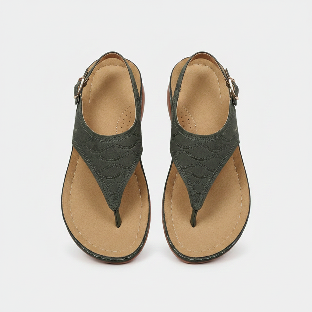Green thong sandals with arch support, adjustable ankle strap, open-toe design