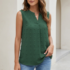 Green sleeveless textured blouse with V-neck and button front