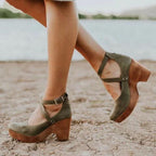 Green cross-strap Mary Jane platform heels on block heel with buckle