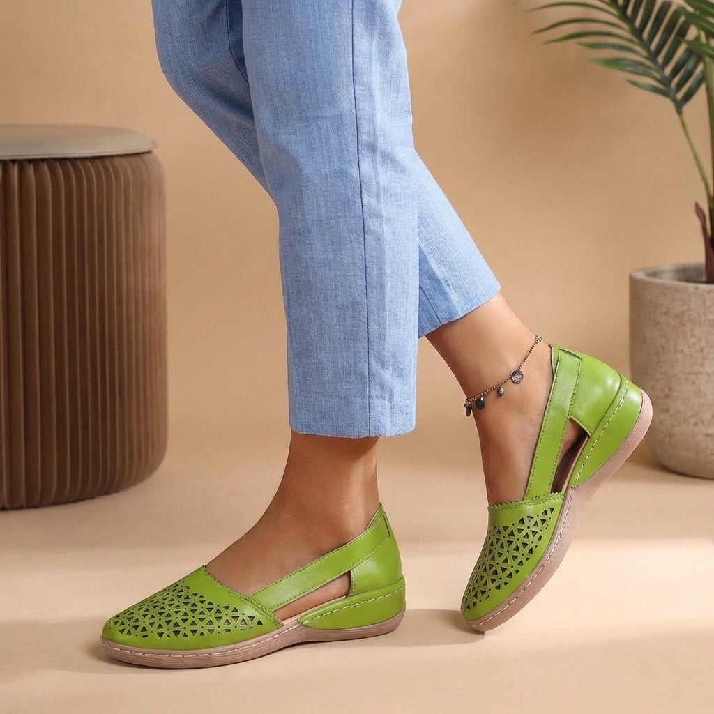 Women's slip-on casual shoes in bright green with cutout design and open side