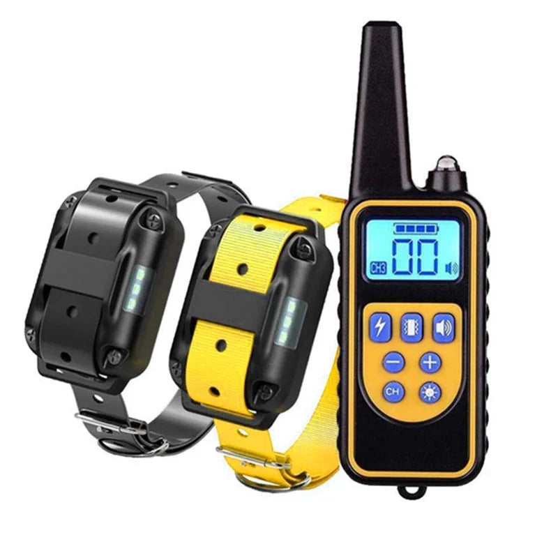 Electric dog training collar set with black remote and yellow receiver collar with black housing