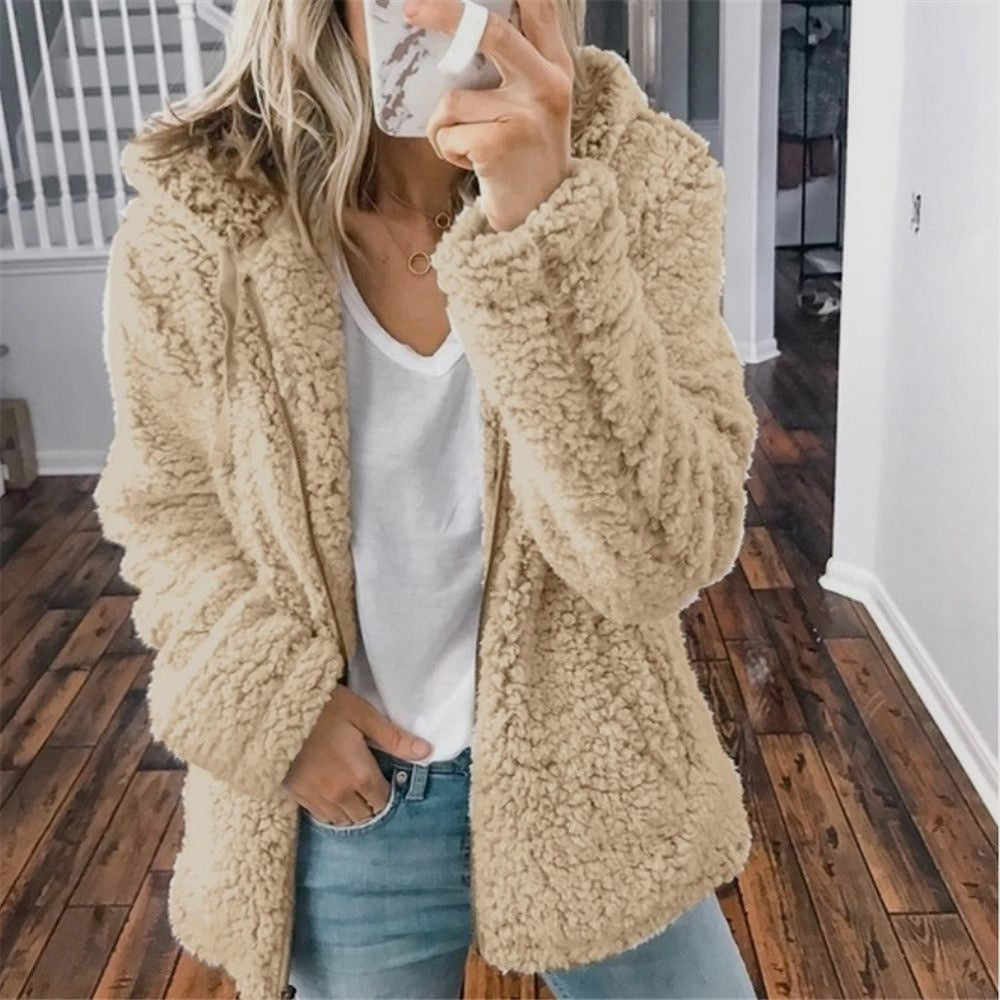 Light beige teddy fleece outerwear, open front with plush sherpa texture