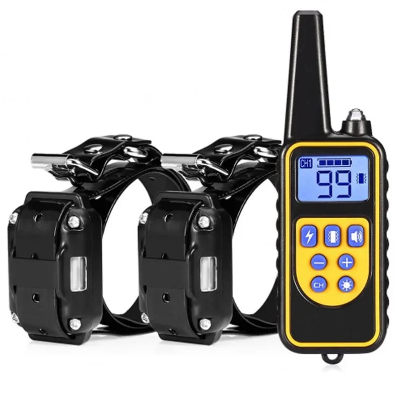Electric dog training collar set with black remote and two black training collars with buckle clips