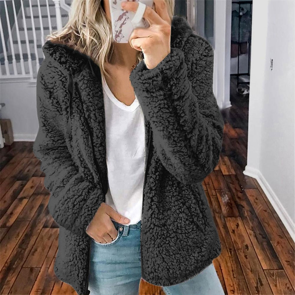 Black teddy fleece outerwear, open front with plush sherpa texture