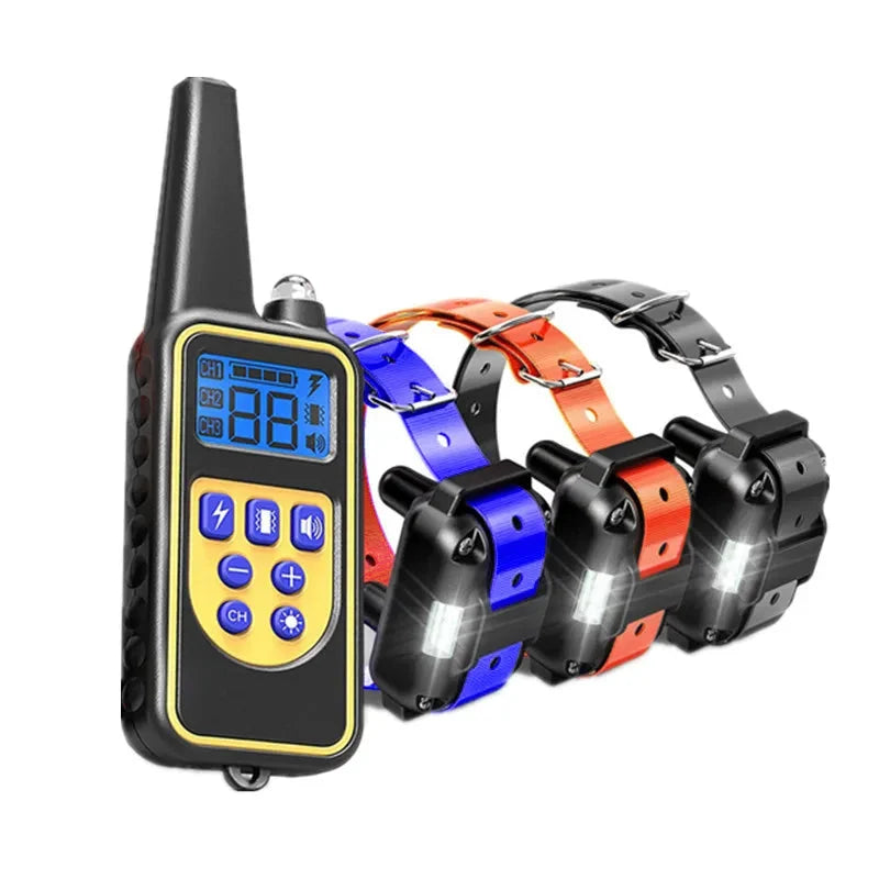 Electric dog training collar set with black remote and yellow, blue, orange, and black receiver collars