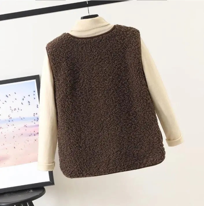 Dark brown sherpa fleece button-front vest with chest pocket