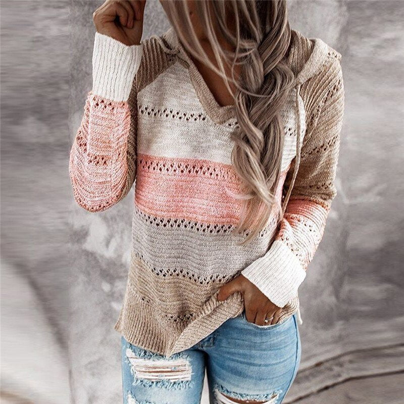 Women's Sweater Patchwork Hooded Knit Loose-Fitting | Lydia Patchwork