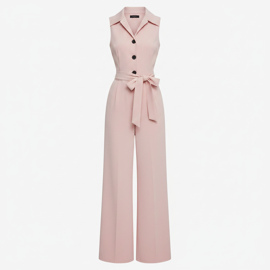 Pink sleeveless wide-leg jumpsuit, lapel collar, button front, waist tie belt