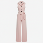 Pink sleeveless wide-leg jumpsuit, lapel collar, button front, waist tie belt