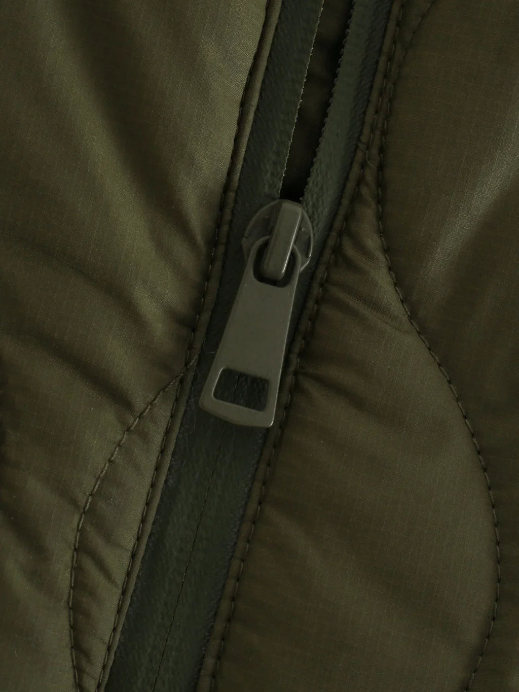 Olive green bodywarmer zip front with rectangular pull tab