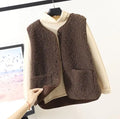 Dark brown fleece vest with button front and patch pocket on chest