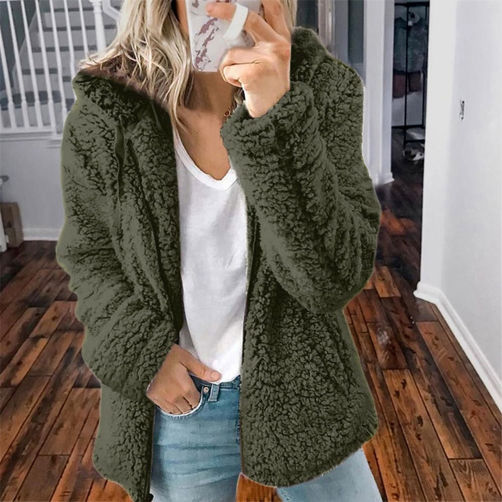 Dark green teddy fleece outerwear, open front with plush sherpa texture