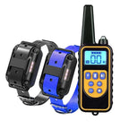Electric dog training collar set with black remote and blue receiver collar with black housing