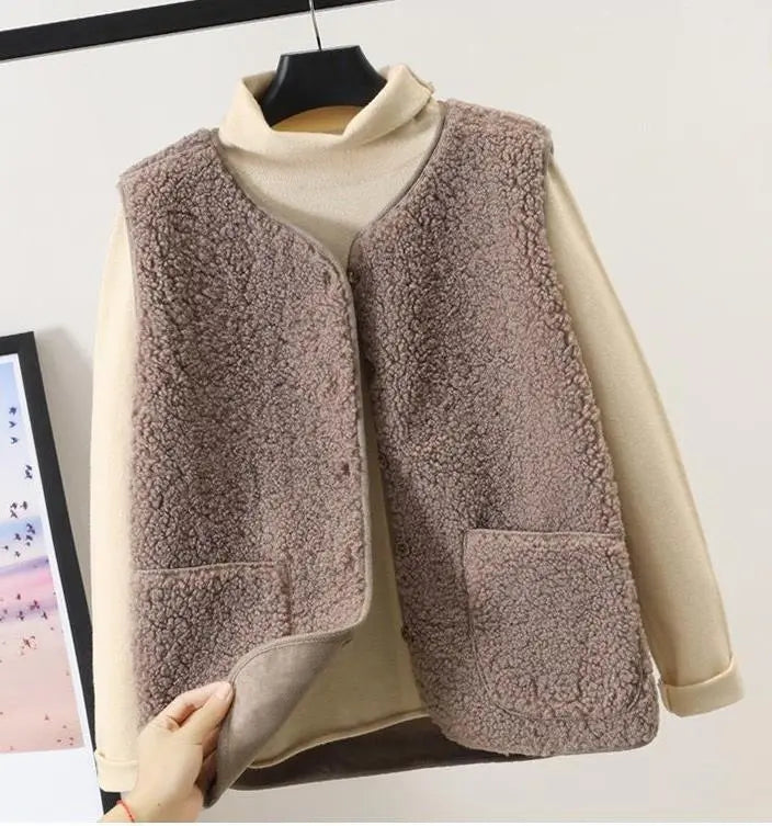 Taupe sherpa fleece vest with button front and front patch pocket