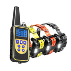 Electric dog training collar set with black remote and yellow, orange, and black receiver collars