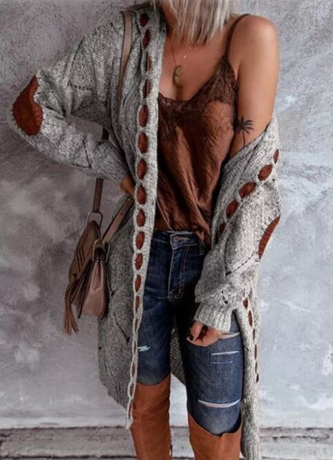 Long hooded open-front knit vest with braided trim, gray heather